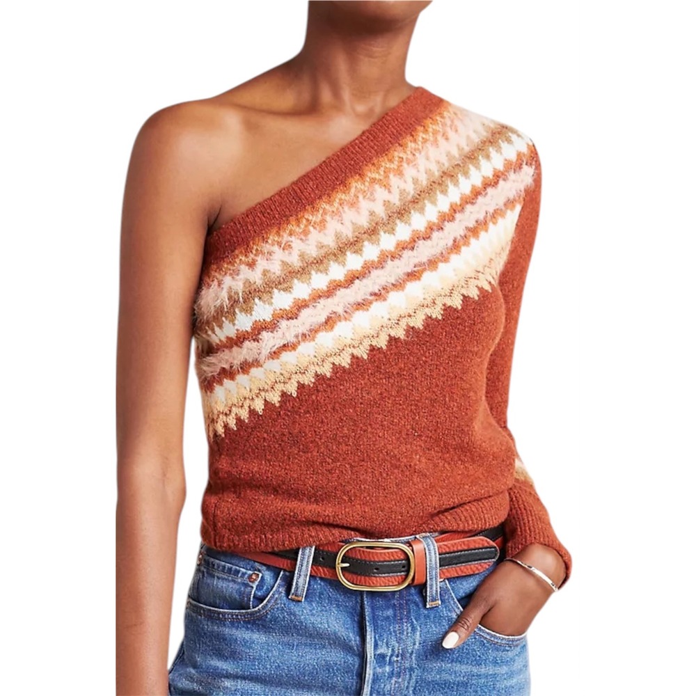 Anthro Vittoria One Shoulder Sweater Fair Isle Sweater Rust Orange Wool Alpaca S